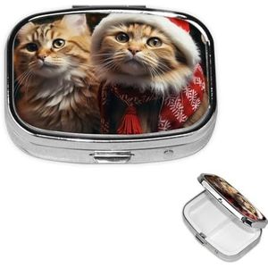 Kerst kat pillendoos 2 compartimenten vierkant draagbaar pillendoosje voor zak of portemonnee kleine wekelijkse geneeskunde planner reizen pillendoos met spiegel decoratieve metalen vitaminehouder