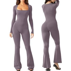 Gewatteerde bh-jumpsuit voor dames | Lange mouw bodycon vierkante hals dames herfst chic broek romper | Bodycon-rompertje met volledige lengte en wijde pijpen met vierkante hals en broek voor Hirara