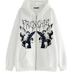 Vrouwen Zip Up Hoodie Y2k Vintage Grafische Oversized Hooded Sweatshirt Jas Grunge Jassen Harajuku Streetwear (Color : White, Size : M)