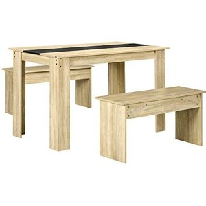 HOMCOM eetset van 3, eettafel met 2 banken, keukentafelset voor 4 personen, ruimtebesparende tafelset, eetkamerset voor woonkamer, keuken, eiken+zwart