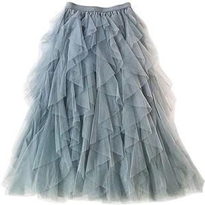 LaoZan Vrouwen Geplooid Tulle Maxi Rok Enkellengte Elastische Hoge Taille Een Lijn Vloeiende Hem Ademend Petticoat (Blauw,Taille (60-80) cm)