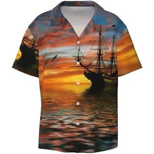 Cruiseschip zeilen in de oceaan met zonsondergang volgende print heren button down shirt korte mouw casual shirt voor mannen zomer business casual overhemd, Zwart, L