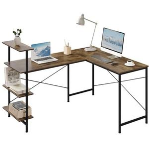 eSituro Hoekbureau 150 x 120 cm, L-vormig bureau met boekenkast, grote computertafel, pc-tafel met opbergruimte, stabiele bureautafel, voor werkkamer, gaming, vintage bruin en zwart