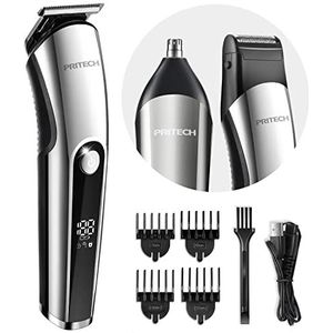 Pritech Tondeuse voor mannen, neustrimmer, microscheerapparaat, 3-in-1 verzorgingsset voor heren, draadloos, oplaadbaar, elektrische tondeuse met led-display en T-snijkop, IPX6, zwart