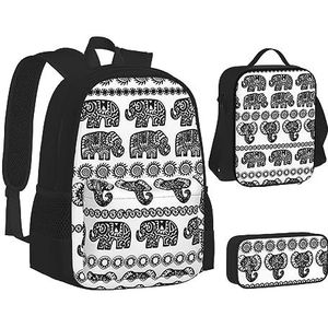 BONDIJ Olifant-blauwe zwarte rugzakken voor school met lunchbox etui, waterbestendige tas voor jongens meisjes leraar geschenken, Olifant patroon 2, Eén maat