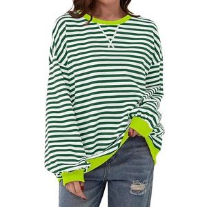 Women's Oversized Sweatshirt Casual Striped Color Crewneck Long Sleeve Crewneck Pullover Tops (M,Light Green)
