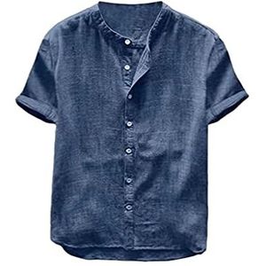 Heren Overhemd Van Koreaans Katoen-linnen, Korte Mouw, Zomer, Henley Casual Met Knopen, Normale Pasvorm, Casual(Blue,XXL)
