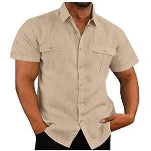 WEITING Linnen overhemd voor heren, korte mouwen, zomer, casual shirt, strandshirt, katoen, linnen, eenkleurig, overhemd, knoopshirt, T-shirts, Bruin, XL