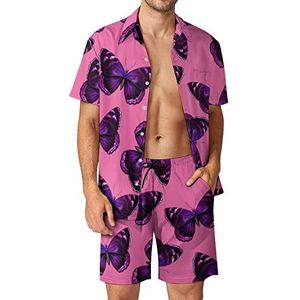 Paarse vlinder Hawaiiaanse sets voor heren, button-down trainingspak met korte mouwen, strandoutfits, 2XL