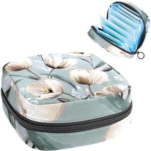 Grijs-witte tulpenbloem elegante bladeren maandverband opbergtas, grote menstruatiecup zakje met rits, menstruatie pads tas winkel inlegkruisjes tampons voor meisjes vrouwen