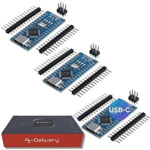 AZDelivery 3x Nano V3 Boardset met USB-C-Aansluiting, Atmega CH340 Chip, Compatibel met Arduino Nano V3 en Pro Micro, Inclusief E-Book
