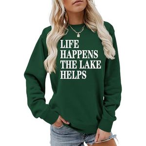 MLZHAN Life Happens The Lake helpt afdrukken vrouwen sweatshirt lange mouw mode sweatshirts ademende losse pasvorm truien, Vintage Groen, S