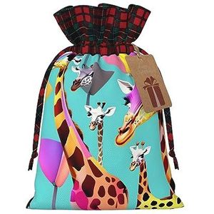 Kleurrijke Giraffe Fans Liefhebbers Chique Trekkoord Kerst Gift Tassen, Patchwork Jute Trekkoord Tassen, Herbruikbaar.