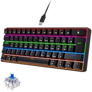 ELLOTECH 60% mechanisch gamingtoetsenbord QWERTZ (Duitse lay-out), 62 toetsen, bedraad, anti-ghosting, RGB-achtergrondverlichting, ultracompact, blauwe schakelaar, zwart