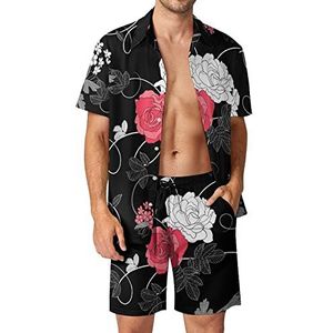 Zwarte Hawaiiaanse sets met bloemenpatroon voor heren, button-down trainingspak met korte mouwen, strandoutfits XL