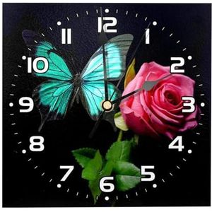 YTYVAGT Wandklok, moderne klokken op batterijen, vlinder en roos, vierkante stille klok 7.85 inch