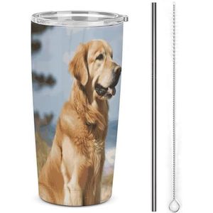 20oz roestvrij staal dubbelwandige vacuüm geïsoleerde autobeker Golden Retriever geïsoleerde beker met handvat vacuüm waterfles lekvrije reismok voor buiten woon-werkverkeer