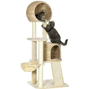 Krabpaal met pawhut, 150 cm, krabpaal met kattenhuis, klimboom met hangmat, sisalpaal en helling, krabpaal voor katten, speelboom met kantelbescherming, pluche, beige