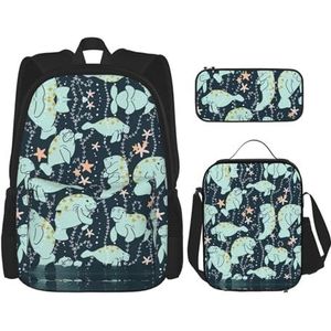 SUHNGE Llama Alpaca Cactus Print Travel Backpack3 stuks Set, Lichtgewicht Waterbestendig Boekentas, Lunch Tas, Potlood Case, Manatee Dieren Kalf, Eén maat