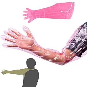 YouU Wegwerphandschoenen van zachte plastic folie lange arm veterinair onderzoek kunstmatige inseminatie handschoenen, 10 stuks roze (kan om de nek worden gehangen)