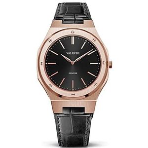 Valuchi Mannen Signature Italiaans Leer Roestvrijstaal Japanse Quartz Horloge (Roségoud Zwart)