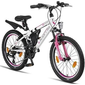 Licorne Bike Guide Premium mountainbike in 20 inch - fiets voor meisjes, jongens, heren en dames - 18 versnellingen - wit/roze