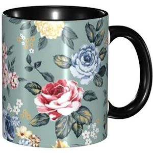 BEEOFICEPENG Mok, 330ml Aangepaste Keramische Cup Koffie Cup Thee Cup voor Keuken Restaurant Kantoor, Rose Bloemen Op Groene Achtergrond
