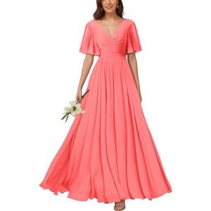 KURFACE Bruidsmeisjesjurken met V-hals en mouwen voor dames, geplooid, chiffon, bruidsmeisje, vloerlengte, formele feestjurk, Koraal, 32
