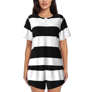Strepen Zwart Wit Print Dames Zomer Zachte Tweedelige Bijpassende Outfits Korte Mouw Pyjama Lounge Pyjama Sets, Zwart, XL