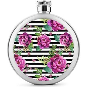 Roze bloemen - zwart-witte strepen heupfles 5 oz lekvrije drankfles roestvrij stalen wijnfles voor bruiloft feestgeschenken