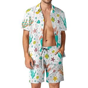 Funny Under Sea Corgi Zeemeermin Hawaiiaanse bijpassende set 2-delige outfits button down shirts en shorts voor strandvakantie