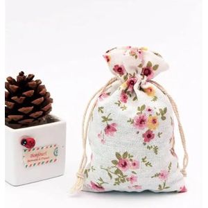 Hessische tassen linnen katoenen tas mousseline cosmetica geschenken sieraden verpakking zakken schattig trekkoord geschenkzakje en zakjes (kleur: roze bloemen, maat: 10 x 14 cm 5 stuks)