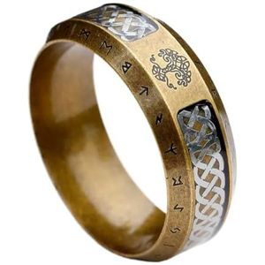 Noordse Levensboom Ring Voor Mannen Vrouwen - Viking RVS Keltische Knoop Yggdrasil Ring - Paar Antieke Gouden Futhark Runen Bruiloft Belofte Vinger Ring Sieraden (Color : Gold, Size : 12)