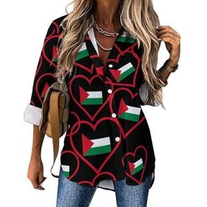 I Love Palestine Red Heart damesblouses Hawaiiaanse button down damestops shirts met lange mouwen T-shirts S