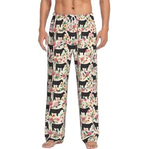 Roze Bloem Show Steer Koeien Mannen Lange Lounge Wear Broek Nachtkleding Pyjama Bottoms Nachtkleding Met Zakken En Trekkoord, Wit, S