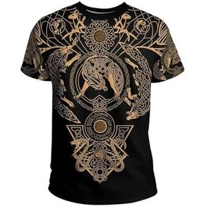 Noorse Mythologie Raven Tattoo T-shirt - Unisex Viking 3D Bedrukte Odin Fenrir Classic Harajuku Losse Korte Mouw - Zomer Vegvisir Tattoo Pagan Sports Top (Color : Wolf yellow, Size : 3XL)