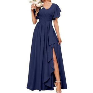 Korte Mouwen Bruidsmeisjesjurken voor Bruiloft Geplooide Chiffon Formele Avondfeest Maxi Jurk met Split AH152, Donkerblauw, 32