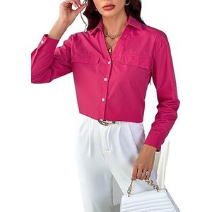 dames topjes Effen overhemd met knoopsluiting aan de voorkant (Color : Hot Pink, Size : L)