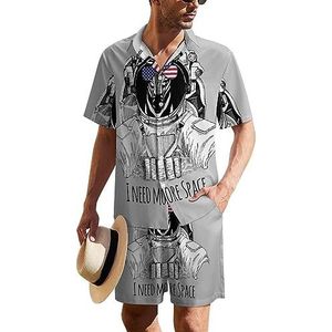 Need More Space Zebra Astronaut Hawaïaans pak voor heren, 2-delige strandoutfit, shirt en korte broek, bijpassende set