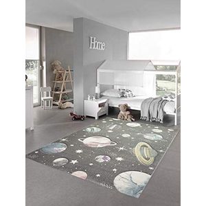 Teppich-Traum Tapijt kinderen tapijt ruimte leren tapijt met sterren en planeten in pastel grijs maat 120x170 cm
