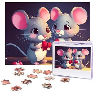 Mouse in Love Puzzels, 500 stukjes, gepersonaliseerde legpuzzels voor volwassenen, gepersonaliseerde afbeelding met opbergtas, puzzel, houten foto's, puzzel voor familie, woondecoratie (51,8 x 38 cm)