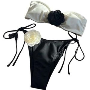 XPJYUA Bikini voor dames, bikiniset, sexy badpakken met bloemen, tanga, bikini, veters, badpak voor dames, Zwart Wit, L