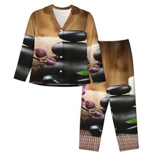 JEJEA Zen Stone print Comfy 2 Stuk Nachtkleding Lounge Set Pyjama Set Lange Mouw Nachtkleding Nachtkleding, Zwart, S