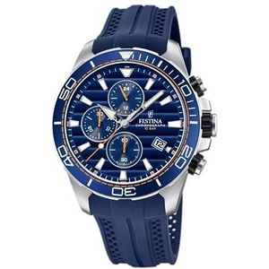 Festina Horloge Voor Heren F20370/1 Outlet Zilver Roestvrij Staal Case Blauw Siliconen Band, blauw, armband