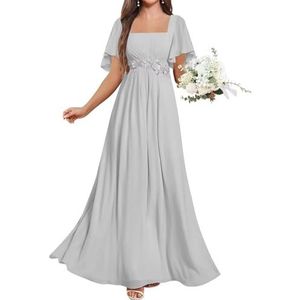 KURFACE Chiffon Moeder van de Bruid Jurken met Mouwen Kant Applique Flutter Mouw Bruidsmeisje Jurk Formele Jurk, Zilver, 32