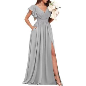 Chiffon bruidsmeisjesjurken voor dames, voor bruiloft, met split, avondgalajurken, cocktailjurken, grote maten, Zilver, 32
