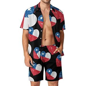Chili Retro Hartvormige Vlag Hawaiiaanse Sets voor Mannen Button Down Korte Mouw Trainingspak Strand Outfits 3XL