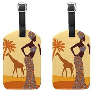 EZIOLY Afrikaanse Vrouwen Tropische Giraffe Olifant Cruise Bagagelabels Koffer Etiketten Zak, 2 Pack, Meerkleurig, 12.5x7 cm