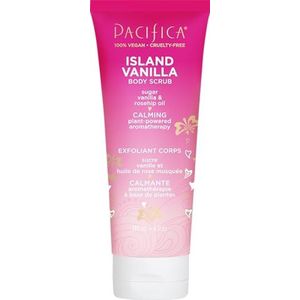 Pacifica Beauty, Island Vanilla Body Scrub, peeling, suiker, rozenbottelolie, lichaamspolish, bad en douche, schoon, parabenen, veganistisch + dierproefvrij, roze, 170 ml