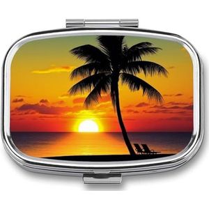 Sunset Palm Tree Gedrukt Draagbare Pillencontainer Reizen Pillen Gevallen met Spiegel 2 Compartiment Geneeskunde Doos Decoratieve Metalen Geneeskunde voor Pocket Portemonnee Reizen Dagelijks